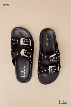 However you decide to style the Lulus Jadah Black Suede Studded Buckle Slide Sandals, it's definitely going to be compliment-worthy! These too-cool sandals feature an almond-shaped footbed and two, wide suede straps adorned with silver studded details and adjustable Western-inspired buckles. A contoured insole completes the simple, slide-on design. Available in whole sizes only. 0. 5" rubber heel. Smooth insole. Felted rubber sole has nonskid markings. Man made materials. Imported. Lulus | Jadah Black Suede Studded Buckle Slide Sandal Heels. Suede Slides, Almond Shaped, Sandal Heels, Rubber Heels, Slide Sandals, Black Suede, Apparel Accessories, Rubber Sole, Sandals Heels