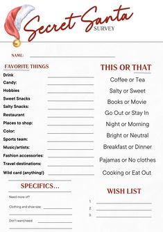 a printable santa's list for coffee or tea with the words secret santa on it