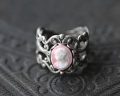 Handmade Vintage Pink Rings, Vintage Adjustable Cameo Rings, Antique Silver Adjustable Victorian Ring, Adjustable Antique Silver Victorian Ring, Vintage Pink Cabochon Ring, Vintage Adjustable Cameo Jewelry, Adjustable Antique Silver Jewelry With Antique Finish, Magnum Opus, Pink Lady