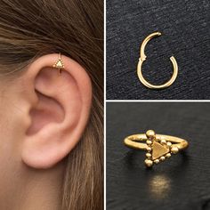 three different types of ear piercings and one with an arrow on the top, two are