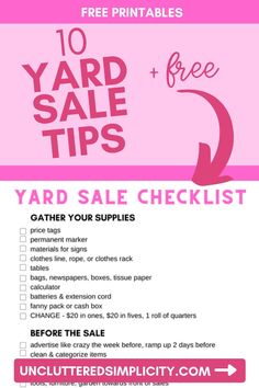 the yard sale checklist is shown in pink