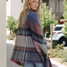 "Multicolor Plaid Ruana. Great for a night out in town or to lounge around the house in. 100% Acrylic Dimensions 40\" x 27\"" Bohemian Winter, Open Front Poncho, Asymmetrical Dresses, Winter Headband, Winter Wrap, Plaid Poncho, Poncho Wrap, Blanket Sweater, Knit Headband