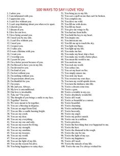 the 100 ways to say i love you list is shown in black and white with red lettering