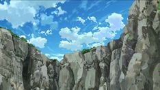 an anime scene with rocks and sky in the background