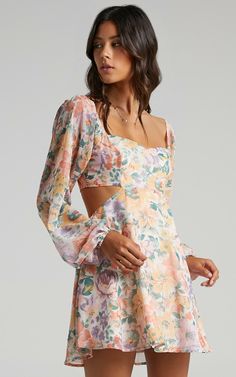 Ebonee Long Puff Sleeve Mini Dress in Flower Crown | Showpo USA Puff Sleeve Mini Dress, Cut Out Dress, Grad Dresses, Evening Outfits, Out Dress, Long Puff Sleeves, Mini Dress With Sleeves, Personal Shopping, Flower Dresses