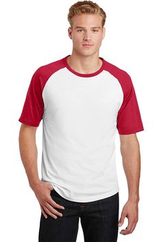 Sport-Tek ® Short Sleeve Colorblock Raglan Jersey. T201 - WHITE/ RED - S | Sport-Tek Short Sleeve Colorblock Raglan Jersey T-Shirt in White/Red Size Small | Cotton Vinyl Blanks, Mens Raglan, Workwear Jacket, Raglan Shirts, Raglan Tee, T-shirt Polos, Unisex Shorts, Jersey T Shirt, Casual Wear For Men