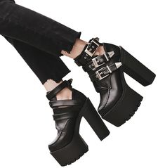 Take the plunge into the darker side of fashion with these gothic-inspired black pu leather & rubber women's buckles ankle strap high heels. perfect for adding a bit of edge to any outfit, these shoes will make you stand out from the crowd! Goth Boots, Goth Shoes, Gothic Boots, Gothic Shoes, Preppy Shoes, High Heels Boots, Boots Patterns, Rock Outfit, Black Platform Heels