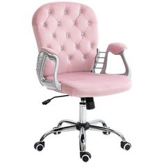 pink office chair with chrome base and armrests on an isolated white background, front view