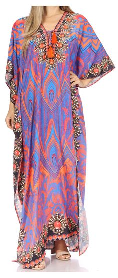 Sakkas  Georgettina Flowy  Rhinestone V Neck Long Caftan Dress / Cover Up#color_Purple Orange Printed Flowy Kaftan For Beach Cover-up, Printed Flowy Maxi-length Cover-up, Flowy Printed Maxi Length Cover-up, Multicolor V-neck Kaftan For Resort, Vibrant Print V-neck Kaftan For Beach Cover-up, V-neck Kaftan With Vibrant Print For Beach, Vibrant Print Maxi Beach Dress, Beach Tunic Kaftan With Vibrant Print, Free Size Vibrant Print Kaftan For Vacation