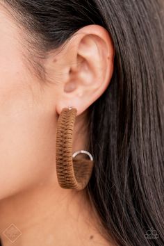 Brown suede cording crisscrosses around a layered silver frame November Fashion, Paparazzi Fashion, Brown Earrings, Hoop Earrings Style, Hollywood Icons, Suede Cord, Paparazzi Accessories, People Magazine, Outside The Box