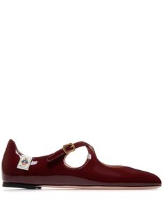 oxblood red calf leather patent finish buckle fastening crossover strap detail appliqué logo branded insole square toe flat sole Luxury Patent Leather Ballet Flats With Leather Sole, Patent Leather Flats With Buckle Closure, Luxury Patent Leather Ballet Flats, Flat Heel Patent Leather Mary Janes With Buckle Closure, Flat Heel Patent Leather Mary Janes With Buckle, Designer Flats With Buckle Closure, Bally Shoes, Oxblood Red, Chanel 2