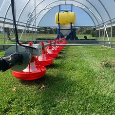 rows of red buckets lined up in front of a green house with an orange and yellow machine