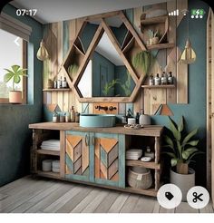 an image of a bathroom setting with wooden furniture and mirrors on the wall, potted plant next to the sink