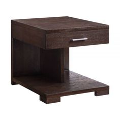 an end table with two drawers on each side and one drawer open to reveal something