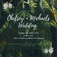 an image of a wedding announcement with tropical leaves