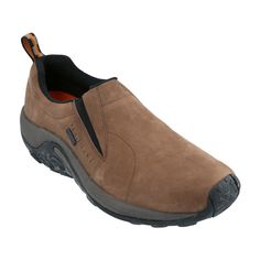 Enjoy reliable comfort with every step when you wear the Merrell Jungle Moc Nubuck Waterproof Slip-On Shoes for Men. Waterproof nubuck-leather uppers seal out the elements, while breathable mesh linings keep feet comfortable as you put on the miles. Compression-molded EVA frames and air cushions in the heels cushion and support. Molded nylon shanks for stability. M Select FIT.ECO blended EVA footbeds sport organic odor control, ensuring feet feel fresh, even after long days on your feet. Rugged Mens Shoes Boots, Nubuck Leather, Shoes For Men, Good Brands, Slip On Shoes, Boots Men, Chelsea Boots, Shoes Mens, Leather Upper