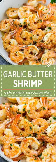 garlic butter shrimp is served in a white dish with parsley on the side and garnished with parsley