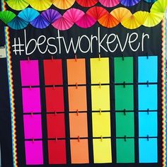 a bulletin board with the words best work ever written on it and colorful umbrellas