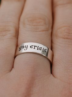 "Copy and paste into your browser, get 15% off ➔ https://bit.ly/VD15OFF I'm having a proper full on gay crisis right now! DETAILS: -Each ring is hand stamped -Ring is Sterling Silver, Fine Silver, or Gold Filled -6mm in thickness You will receive one hand-stamped ring filled with a black enamel finish. **Every item is handmade, this means that each will be unique and may not look EXACTLY like the picture, but it will look very similar ➡ORDER PROBLEMS If there are any problems with your order ple Gay Rings, Relatable Notes, Gay Jewelry, Gay Pride Jewelry, Pride Jewelry, Gay Gifts, Stamped Ring, Hand Stamped Ring, Pride Jewellery