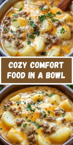 two bowls filled with soup and topped with meat, cheese and parmesan sauce