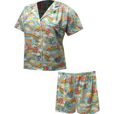 This is classic Care Bears at its best! These traditional button front style shortie pajamas for women feature the beloved Care Bears. Cheer Bear, Bedtime Bear, Funshine Bear and frieds are flocking on the clouds and rainbows. These jammies have traditional styling with a button front top and pull on shorts. These shortie pjs are super soft, machine washable and easy care. They have beautiful piping details and a front pocket on the top. Missy cut. Size: L.  Color: Blue.  Gender: female.  Age Gr Womens Halloween Pajamas, Care Bears Cheer Bear, Clouds And Rainbows, Bedtime Bear, Funshine Bear, Cheer Bear, Halloween Pajamas, Loungewear Outfits, Pajamas For Women