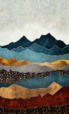 an abstract painting with mountains and dots on the bottom, in shades of blue, brown, gold and white