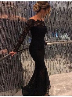 Off The Shoulder Prom Dresses, Long Sleeve Prom Dress Lace, Black Lace Prom Dress, Prom Dresses Long Mermaid, Cheap Evening Dresses, Long Sleeve Prom, Elegant Prom Dresses, Lace Prom Dress, Black Prom Dress