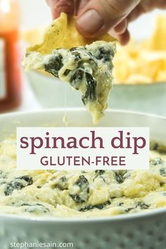 warm creamy spinach dip in a white bowl with some being scooped up on a tortilla chip. Tortilla chips in the background for serving. Gluten Free Recipes For Appetizers, Christmas Appetizer Gluten Free, Best Party Dips Gluten Free, Gluten Free Nut Free Appetizers, Gluten Free Shower Ideas, Gluten Free Appetizer Recipes Easy, Gf Potluck Dishes, Gluten Free Superbowl Party Food