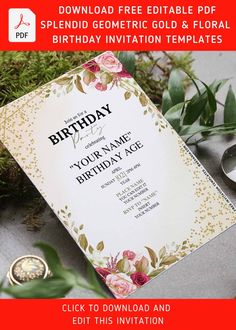 a birthday card with flowers and greenery on it, in front of a red background