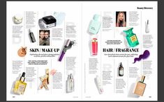 the inside pages of a magazine showing different beauty products