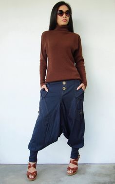 NO.95    Navy Blue Cotton Jersey Casual Harem by JoozieCotton, $45.00 Winter Denim Blue Pants With Pockets, Baggy Denim Blue Bottoms For Winter, Blue Full-length Cargo Pants For Fall, Blue Cargo Pocket Bottoms For Fall, Blue Cargo Bottoms For Fall, Fall Blue Bottoms With Cargo Pockets, Fall Blue Cargo Style Bottoms, Fall Blue Cargo Bottoms, Blue Cargo Style Pants For Fall