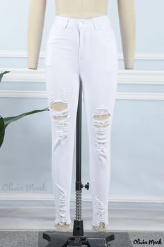 Olivia Mark - Classic White Solid High-Rise Skinny Fit Denim Jeans for Women with Distressed Details White High Rise Ripped Jeans, White Mid-rise Ripped Jeans, High Waist Jeans With Holes For Spring, Stretch Bottoms With Holes For Spring, Stretch Distressed White Bottoms, White Stretch Ripped Jeans, Jeans Online, Ripped Denim, Women Denim Jeans