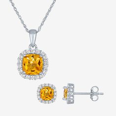 This 2-piece pendant necklace and earring set is dainty and delightful. It is crafted from sterling silver and shines brightly with gorgeous Lab-Grown gemstones in cushion cut. Gift it to your beloved sister, partner, or best friend.# Pieces In Set: 2Included: 1 Necklace(s), 2 Earring Stud(s)Features: In A Gift Box, Quick ShipEarring Back: PostJewelry Closure: Spring Ring ClaspShape: CushionStone Cut: CushionStone Millimeter Measurement: 7 Mm Length, 7 Mm WidthMetal Color: WhiteChain Length: 18 Yellow Sterling Silver Halo Setting Jewelry, Cushion Cut Gold Sterling Silver Jewelry, Sterling Silver Gemstone Cushion Cut Jewelry, Sterling Silver Cushion Cut Gemstone Jewelry, Silver Cushion Cut Jewelry With Matching Earrings, Cushion Cut Sterling Silver Earrings, Earring Stud, Necklace And Earring Set, Watches Jewelry