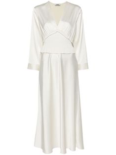 ecru stretch-design satin weave ribbed trim V-neck long sleeves shirred panel gathered detailing unlined flared hem long length Maxi Dress White, Wardrobe Edit, Yoko London, Exclusive Fashion, White Maxi Dresses, Lady Dior, Dress White, Coat Dress, Long Length