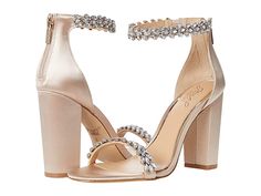 Jewel Badgley Mischka Mayra - Women's Shoes : Champagne : Exude modern-elegance for any occasion in the Jewel Badgley Mischka Mayra sandal. Full back-zip closure. This style would make a great bridesmaid or wedding shoe! Open-toe construction. Two-piece silhouette features jewel embellishments and ankle and top straps. This style would make a great bridesmaid or wedding shoe! Breathable man-made lining. Lightly padded insole lends to added comfort. Wrapped block heel. Man-made outsole. Imported. Champagne Wedding Shoes, Blue Shoes Heels, Mother Of The Bride Shoes, Silver Sparkly Heels, Jewel Badgley Mischka, Top Straps, Dressy Sandals, Sparkly Heels, Jeweled Sandals