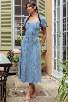 Northern Sky Fringe Puff Sleeve Midi Dress Denim Blue by Selfie Leslie God Energy, Pink Dress Shoes, Puff Sleeve Midi Dress, Brunch Dress, Denim Midi Dress, Midi Dress Style, Dress Denim, Split Maxi Dress, Puff Sleeve Dresses