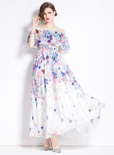 Envision a serene walk through a flourishing garden with this ethereal floral maxi dress. Its whisper-soft chiffon fabric floats around the body, featuring a symphony of pastel florals that bloom against an immaculate white backdrop. The dress offers an off-shoulder neckline draped with a delicate ruffle, adding a romantic flair that’s reminiscent of the first blush of spring. An elasticized waist cinches gently, providing comfort and definition, while the full, flowing skirt glides gracefully t Flounces Dress, Romantic Vibes, Sleeveless Dresses Casual, Flounce Skirt, Push Up Swimsuit, Sheer Overlay, A Love Letter, Flounced Dress, Garden Parties