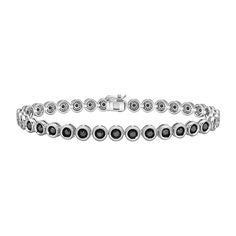 Timeless and bold, this black diamond tennis bracelet for men elevates any look in your wardrobe. Sterling silver. Bezel-set black diamonds - the largest being 1/10 ct. each - glisten in an endless row. 3-1/2 cts. t.w. of diamonds. 8.5-inch bracelet with box clasp. Classic Round Black Diamond Bracelet, Luxury Black Diamond Bracelet With Round Shape, Formal Tennis Bracelet With Black Diamonds, Formal Bracelets With Black Diamonds, Classic Black Diamond Tennis Bracelet, Classic Tennis Bracelet With Black Diamonds For Formal Occasions, Black Diamond Round Bracelet, Classic White Gold Diamond Bracelet With Black Diamonds, Classic Black Diamond Bracelet