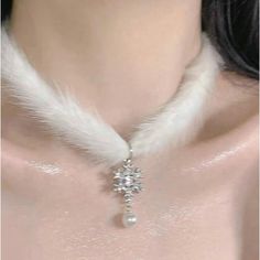 Holiday Fairycore Russiancore White Vegan Fur Snowflake Faux Pearl Choker Statement Necklace Statement Medallion Cord Chunky Chain Choker Medallion Cord Black Gold Necklace, White Choker, Ribbon Choker, Charm Choker Necklace, Long Tassel Necklace, Brown Necklace, Silver Pearl Necklace, Turquoise Bead Necklaces, Statement Choker Necklace