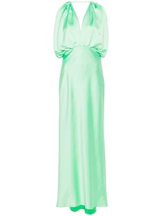 fluorescent green satin weave pleat detailing draped detailing V-neck short sleeves V-back fitted waistline flared partial lining long length concealed side zip fastening Satin Dress Green, Pinko Dress, Green Satin, Satin Dress, Satin Dresses, Long Length, Green Dress, Dress Making, Side Zip