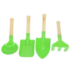 four green plastic shovels and spatulas with wooden handles on a white background