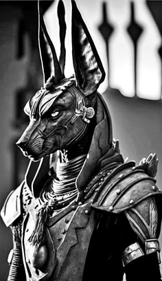 a black and white photo of an animal wearing armor