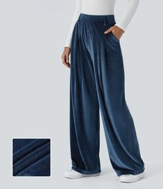 Discover Women’s High Waisted Plicated Side Pocket Wide Leg Metallic Ribbed Velvet Casual Pants at Halara, Crowd-Approved Affordable Choices Made For What Moves You. Leg Work, Flare Leggings, Work Pants, Side Pocket, New Black, Best Sellers, Casual Pants, Active Wear, Straight Leg