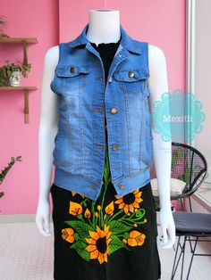 "Mexican floral embroidered vest. Made out of a soft, durable denim, with comfortable stretch. Decorative button-flap faux pockets at chest. Side welt pockets in front. Size- Small Measurements: Bust- 33\" Length- 20\" 🧺Care Instructions: We recommend hand washing separately, hang to dry. 📸Additional photos can be provided upon request. 👗Always allow a little room and consider your own measurements before purchase to avoid any problems. If measurement are exact chances are the garments will b Casual Stretch Cotton Denim Vest, Casual Stretch Denim Vest In Cotton, Casual Medium Wash Stretch Denim Vest, Casual Stretch Denim Vest In Medium Wash, Stretch Cotton Sleeveless Denim Vest, Spring Stretch Cotton Denim Vest, Casual Stretch Denim Vest In Dark Wash, Casual Stretch Dark Wash Denim Vest, Casual Stretch Denim Vest With Pockets