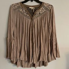 Hand Wash Cold, Button Down, Rayonf Blend, New With Tags, Color Taupe, Brand Mystree, Hand Wash Cold Brown Tops, Embroidered Art, Brown Top, Tan Brown, Fashion Killa, Bell Sleeves, Top Blouse, Velvet, Womens Tops