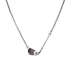 Introducing our stunning Golf Club Necklace, the perfect accessory for golf lovers everywhere. This elegant necklace features a 35 MM golf club and ball pendant that captures the beauty and precision of the sport. The pendant is made in Sterling Silver with Rhodium, ensuring it is long-lasting and durable. The golf ball is made of clear cubic zirconia, adding a touch of elegance and shine to the necklace. The pendant hangs from a 2 MM solid rolo chain, which is adjustable to a total length of 18 inches, with a jump ring to also wear it at 16 MM. This Golf Club Necklace is the perfect gift for a golf enthusiast, or a great way to show off your love for the game. We also offer 14k gold options for those looking for a more luxurious touch. If interested in gold or have other inquiries, please Golf Jewelry, Ball Necklace, Elegant Necklace, Ball Pendant, Elegant Necklaces, Rolo Chain, Golf Ball, Golf Club, Golf Clubs