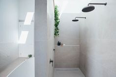 a bathroom with a shower, toilet and bathtub next to a plant on the wall