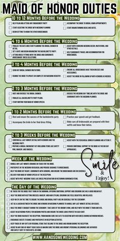 the wedding checklist for brides and grooms is shown in this green poster