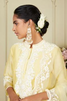 Shop for Sheetal Batra Yellow Silk Chanderi Ryhana Dori Embroidered Kurta Set for Women Online at Aza Fashions Dori Work, Yellow Kurta, A Line Kurta, Cotton Dupatta, Silk Organza, Kurta Set, Scalloped Hem, Lemon Yellow, Cut Work