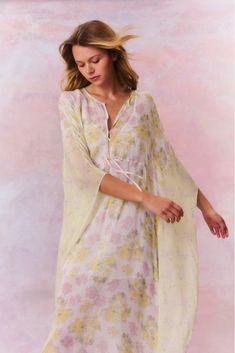 Lupine Chiffon Mixed Print Kaftan Spring Maxi Length Cover-up For Daywear, Spring Daywear Maxi-length Cover-up, Spring Daywear Maxi Length Cover-up, Floral Print Flowy Maxi Cover-up, Spring Beachwear Chiffon Cover-up, Spring Chiffon Beachwear Cover-up, Spring Beach Cover-up Breezy Kaftan, Bohemian Sheer Kaftan For Beach, Spring Summer Daywear Kaftan